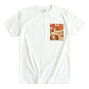 Floral Harmony Ed. 05 Kimono Pocket T-Shirt with a pocket of vintage kimono silk, with red chrysanthemums and violet wisteria, view 3