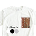 Eternal Fabric Kimono Pocket T-Shirt with a pocket of vintage kimono silk, with four-season flowers on warm brown bands, view 2