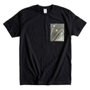 Old Japan Kimono Pocket T-Shirt with a pocket of vintage kimono silk, with soft gray shibori tie-dye and coral accents, view 7