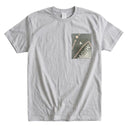 Old Japan Kimono Pocket T-Shirt with a pocket of vintage kimono silk, with soft gray shibori tie-dye and coral accents, view 8