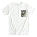 Old Japan Kimono Pocket T-Shirt with a pocket of vintage kimono silk, with soft gray shibori tie-dye and coral accents, view 6