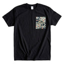 Garden Grace Ed. 05 Kimono Pocket T-Shirt with a pocket of vintage kimono silk, with small chrysanthemums on deep indigo, view 4