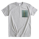 Indigo Wave Kimono Pocket T-Shirt with a pocket of vintage kimono silk in an indigo shima stripe of white, olive and gold, view 8