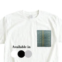 Indigo Wave Kimono Pocket T-Shirt with a pocket of vintage kimono silk in an indigo shima stripe of white, olive and gold, view 2