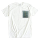 Indigo Wave Kimono Pocket T-Shirt with a pocket of vintage kimono silk in an indigo shima stripe of white, olive and gold, view 6