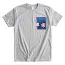 Indigo Flow Ed. 01 Kimono Pocket T-Shirt with a pocket of vintage kimono silk, with white and coral plum blossoms on indigo, view 8