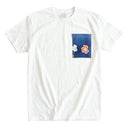 Indigo Flow Ed. 01 Kimono Pocket T-Shirt with a pocket of vintage kimono silk, with white and coral plum blossoms on indigo, view 6