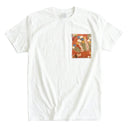Floral Harmony Ed. 06 Kimono Pocket T-Shirt with a pocket of vintage kimono silk, with blue kikyo bellflowers on warm rust, view 3