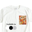 Floral Harmony Ed. 08 Kimono Pocket T-Shirt with a pocket of vintage kimono silk, with blue kikyo bellflowers on warm rust, view 2