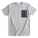 Nishijin Luxe Ed. 03 Kimono Pocket T-Shirt with a pocket of vintage Nishijin-ori kimono silk, with a golden karakusa vine on deep navy, view 5