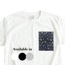 Nishijin Luxe Ed. 03 Kimono Pocket T-Shirt with a pocket of vintage Nishijin-ori kimono silk, with a golden karakusa vine on deep navy, view 2
