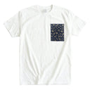 Nishijin Luxe Ed. 03 Kimono Pocket T-Shirt with a pocket of vintage Nishijin-ori kimono silk, with a golden karakusa vine on deep navy, view 3