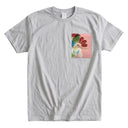 Eternal Blossom Kimono Pocket T-Shirt with a pocket of vintage kimono silk, with a red and green chrysanthemum edged in gold, view 5