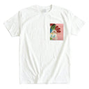 Eternal Blossom Kimono Pocket T-Shirt with a pocket of vintage kimono silk, with a red and green chrysanthemum edged in gold, view 3