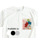 Petal Bloom Kimono Pocket T-Shirt with a pocket of vintage kimono silk, with a red and teal plum blossom in gold, view 2
