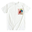 Petal Bloom Kimono Pocket T-Shirt with a pocket of vintage kimono silk, with a red and teal plum blossom in gold, view 3