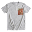 Artisan Memory Kimono Pocket T-Shirt with a pocket of vintage kimono silk, with plum blossom branches in coral and red, view 8