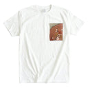 Artisan Memory Kimono Pocket T-Shirt with a pocket of vintage kimono silk, with plum blossom branches in coral and red, view 6
