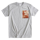 Sunset Bloom Ed. 01 Kimono Pocket T-Shirt with a pocket of vintage kimono silk, with silver-white peonies on russet and gold, view 5