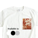 Sunset Bloom Ed. 01 Kimono Pocket T-Shirt with a pocket of vintage kimono silk, with silver-white peonies on russet and gold, view 2