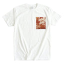 Sunset Bloom Ed. 01 Kimono Pocket T-Shirt with a pocket of vintage kimono silk, with silver-white peonies on russet and gold, view 3
