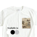 Beige Fujin & Raijin Ed. 01 Kimono Pocket T-Shirt with a pocket of vintage Nishijin-ori kimono silk, with the wind god Fujin and thunder god Raijin among clouds, view 2