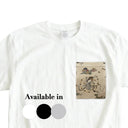 Beige Fujin & Raijin Ed. 02 Kimono Pocket T-Shirt with a pocket of vintage Nishijin-ori kimono silk, with the wind god Fujin and thunder god Raijin among clouds, view 2