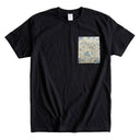 Blue Hanamaru Karakusa Ed. 01 Kimono Pocket T-Shirt with a pocket of vintage Nishijin-ori kimono silk, with blue flower roundels and golden scrolling vines, view 4