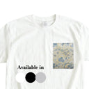 Blue Hanamaru Karakusa Ed. 01 Kimono Pocket T-Shirt with a pocket of vintage Nishijin-ori kimono silk, with blue flower roundels and golden scrolling vines, view 2
