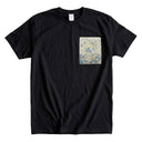Blue Hanamaru Karakusa Ed. 02 Kimono Pocket T-Shirt with a pocket of vintage Nishijin-ori kimono silk, with blue flower roundels and golden scrolling vines, view 4