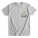 Blue Hanamaru Karakusa Ed. 02 Kimono Pocket T-Shirt with a pocket of vintage Nishijin-ori kimono silk, with blue flower roundels and golden scrolling vines, view 5