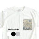 Blue Hanamaru Karakusa Ed. 03 Kimono Pocket T-Shirt with a pocket of vintage Nishijin-ori kimono silk, with blue flower roundels and golden scrolling vines, view 2