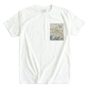Blue Hanamaru Karakusa Ed. 03 Kimono Pocket T-Shirt with a pocket of vintage Nishijin-ori kimono silk, with blue flower roundels and golden scrolling vines, view 3