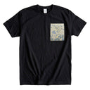 Blue Hanamaru Karakusa Ed. 04 Kimono Pocket T-Shirt with a pocket of vintage Nishijin-ori kimono silk, with blue flower roundels and golden scrolling vines, view 4