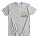 Blue Hanamaru Karakusa Ed. 04 Kimono Pocket T-Shirt with a pocket of vintage Nishijin-ori kimono silk, with blue flower roundels and golden scrolling vines, view 5