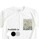 Blue Hanamaru Karakusa Ed. 04 Kimono Pocket T-Shirt with a pocket of vintage Nishijin-ori kimono silk, with blue flower roundels and golden scrolling vines, view 2
