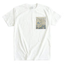 Blue Hanamaru Karakusa Ed. 04 Kimono Pocket T-Shirt with a pocket of vintage Nishijin-ori kimono silk, with blue flower roundels and golden scrolling vines, view 3