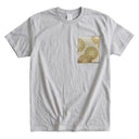 Gold Chrysanthemum Vine Ed. 04 Kimono Pocket T-Shirt with a pocket of vintage Nishijin-ori kimono silk, with golden chrysanthemums and scrolling vines, view 5