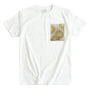 Gold Chrysanthemum Vine Ed. 04 Kimono Pocket T-Shirt with a pocket of vintage Nishijin-ori kimono silk, with golden chrysanthemums and scrolling vines, view 3