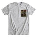 Gold Dragon & Clouds Ed. 01 Kimono Pocket T-Shirt with a pocket of vintage Nishijin-ori kimono silk, with a gold dragon among red and green swirling clouds, view 5