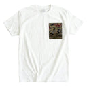 Gold Dragon & Clouds Ed. 01 Kimono Pocket T-Shirt with a pocket of vintage Nishijin-ori kimono silk, with a gold dragon among red and green swirling clouds, view 3