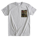Gold Dragon & Clouds Ed. 02 Kimono Pocket T-Shirt with a pocket of vintage Nishijin-ori kimono silk, with a gold dragon among red and green swirling clouds, view 5