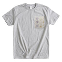 Lavender Neko Cats Ed. 01 Kimono Pocket T-Shirt with a pocket of vintage Nishijin-ori kimono silk, with patterned cat faces and golden paw prints, view 5