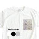 Lavender Neko Cats Ed. 01 Kimono Pocket T-Shirt with a pocket of vintage Nishijin-ori kimono silk, with patterned cat faces and golden paw prints, view 2