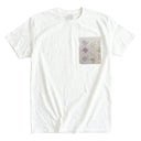 Lavender Neko Cats Ed. 01 Kimono Pocket T-Shirt with a pocket of vintage Nishijin-ori kimono silk, with patterned cat faces and golden paw prints, view 3