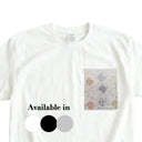 Lavender Neko Cats Ed. 02 Kimono Pocket T-Shirt with a pocket of vintage Nishijin-ori kimono silk, with patterned cat faces and golden paw prints, view 2