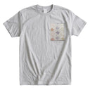 Lavender Neko Cats Ed. 03 Kimono Pocket T-Shirt with a pocket of vintage Nishijin-ori kimono silk, with patterned cat faces and golden paw prints, view 5