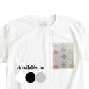 Lavender Neko Cats Ed. 03 Kimono Pocket T-Shirt with a pocket of vintage Nishijin-ori kimono silk, with patterned cat faces and golden paw prints, view 2