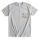 Lavender Neko Cats Ed. 04 Kimono Pocket T-Shirt with a pocket of vintage Nishijin-ori kimono silk, with patterned cat faces and golden paw prints, view 5