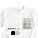 Lavender Neko Cats Ed. 04 Kimono Pocket T-Shirt with a pocket of vintage Nishijin-ori kimono silk, with patterned cat faces and golden paw prints, view 2